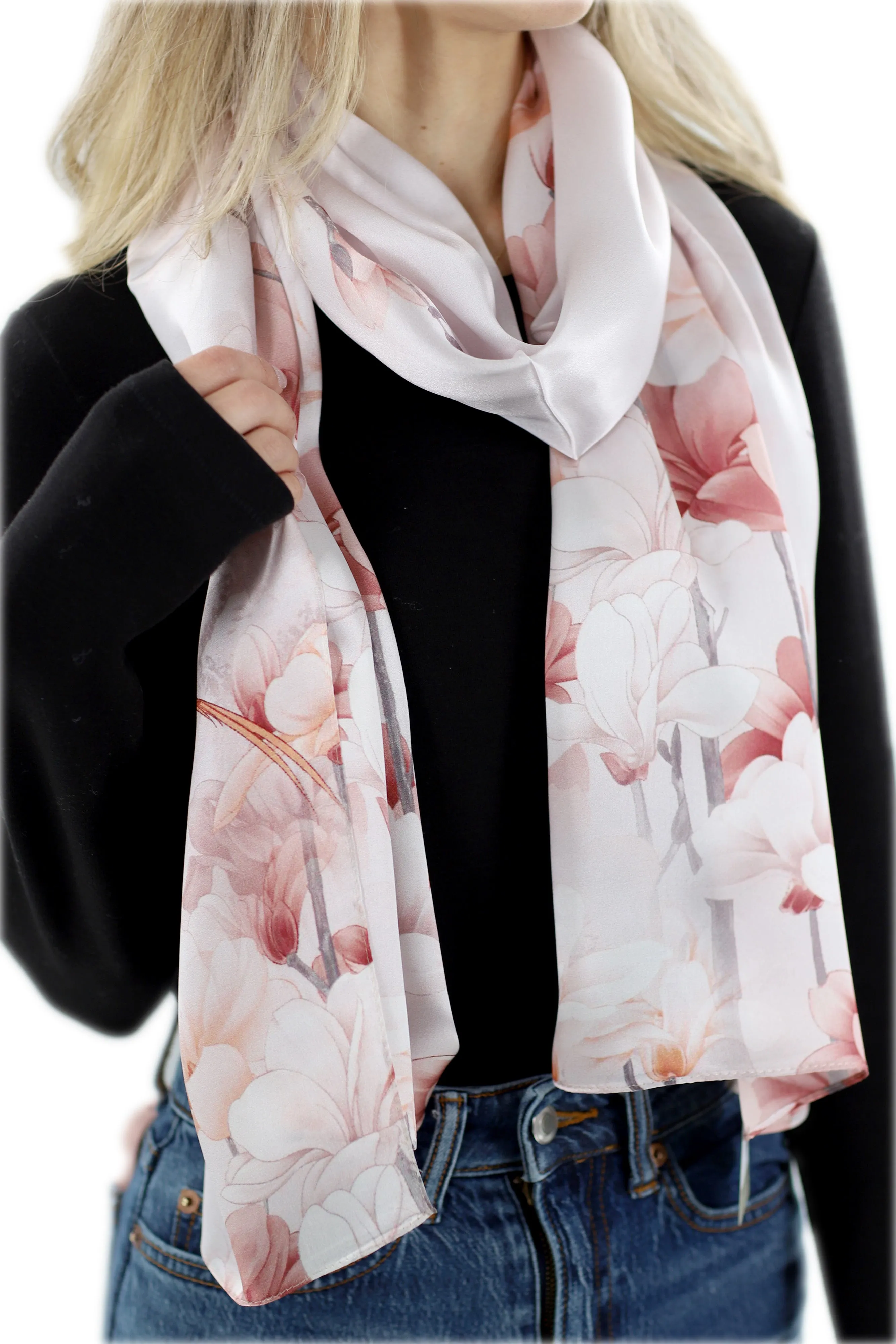 100% Silk Floral Print Scarf - Beige - (One Size 68x21.2in)