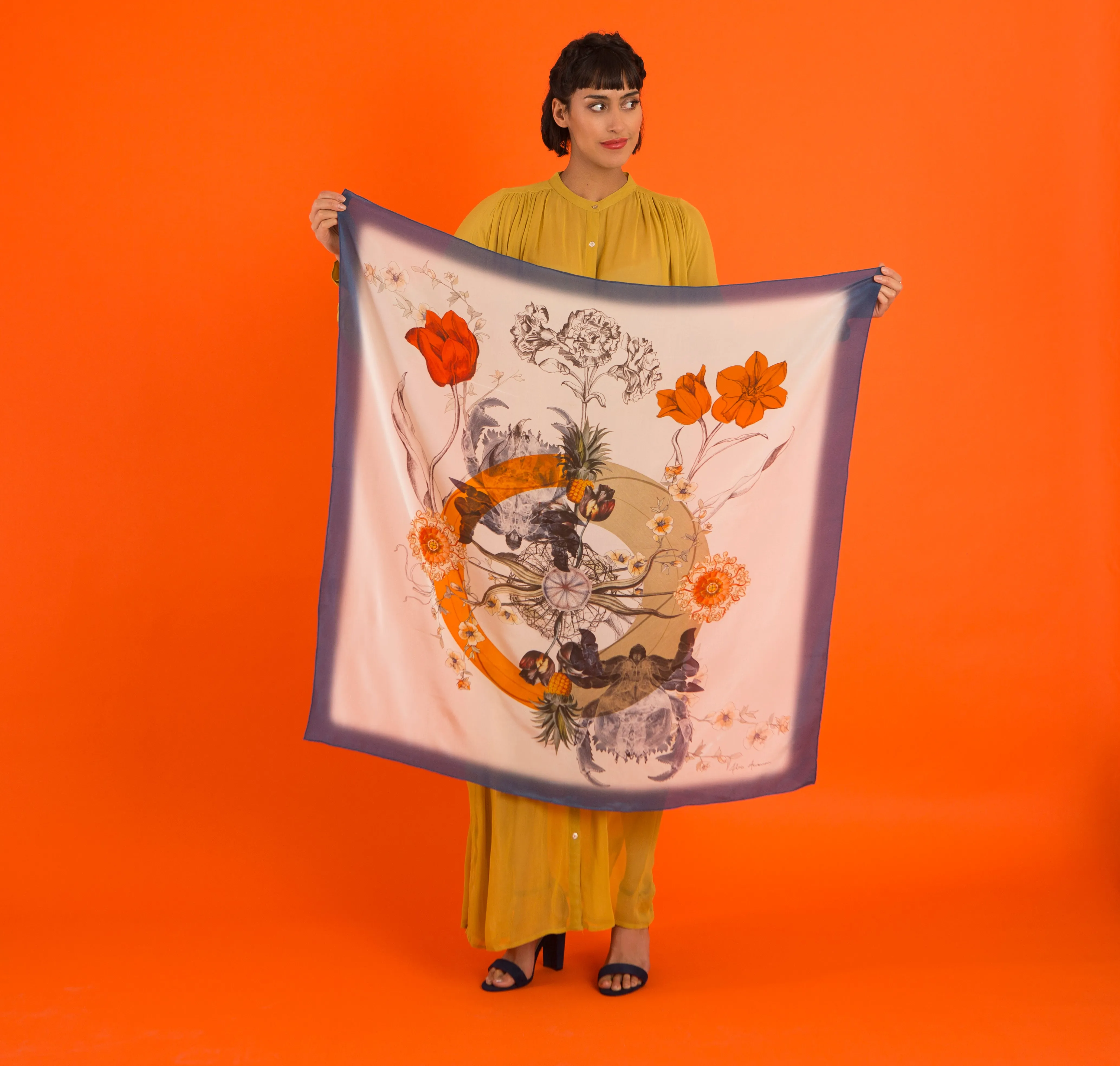 Blue 'Crustacean Silk' Silk Scarf, large square Silk Scarf with crab and tulip design from the Evolution Collection