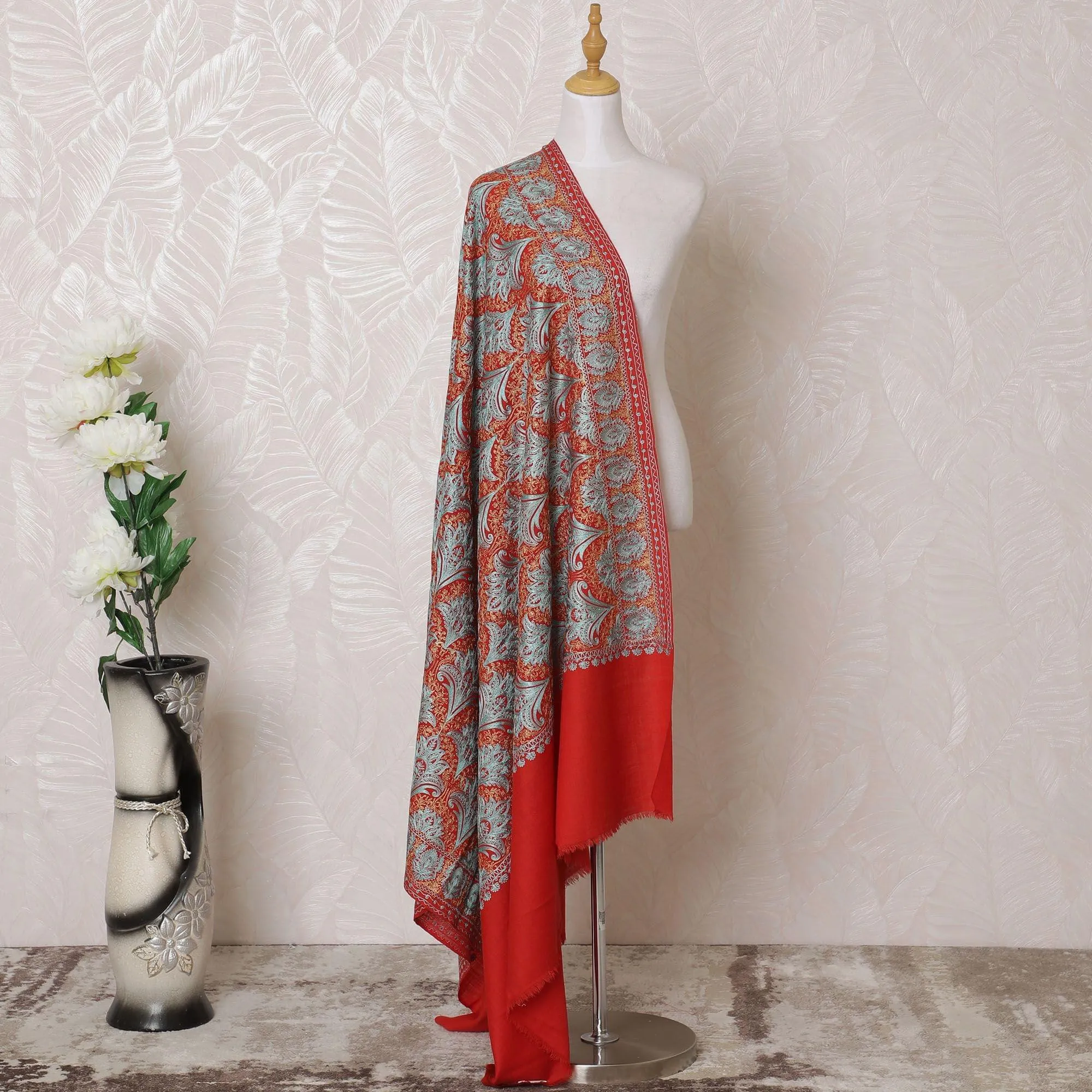 Crimson red Premium pure kashmiri shawl with gold and baby blue jacquard in floral design-D14943