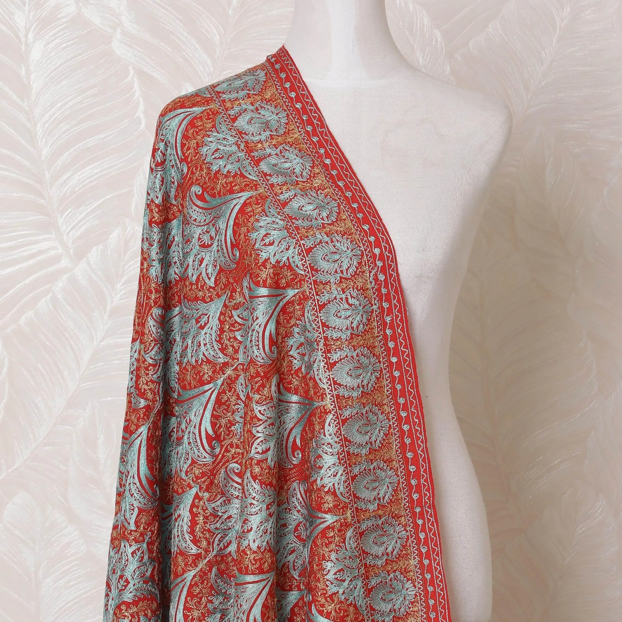 Crimson red Premium pure kashmiri shawl with gold and baby blue jacquard in floral design-D14943