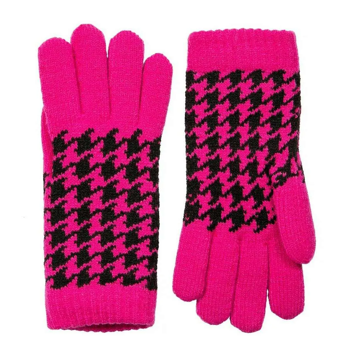 Dents Dogtooth Jacquard Knitted Gloves - Fuchsia Pink/Black