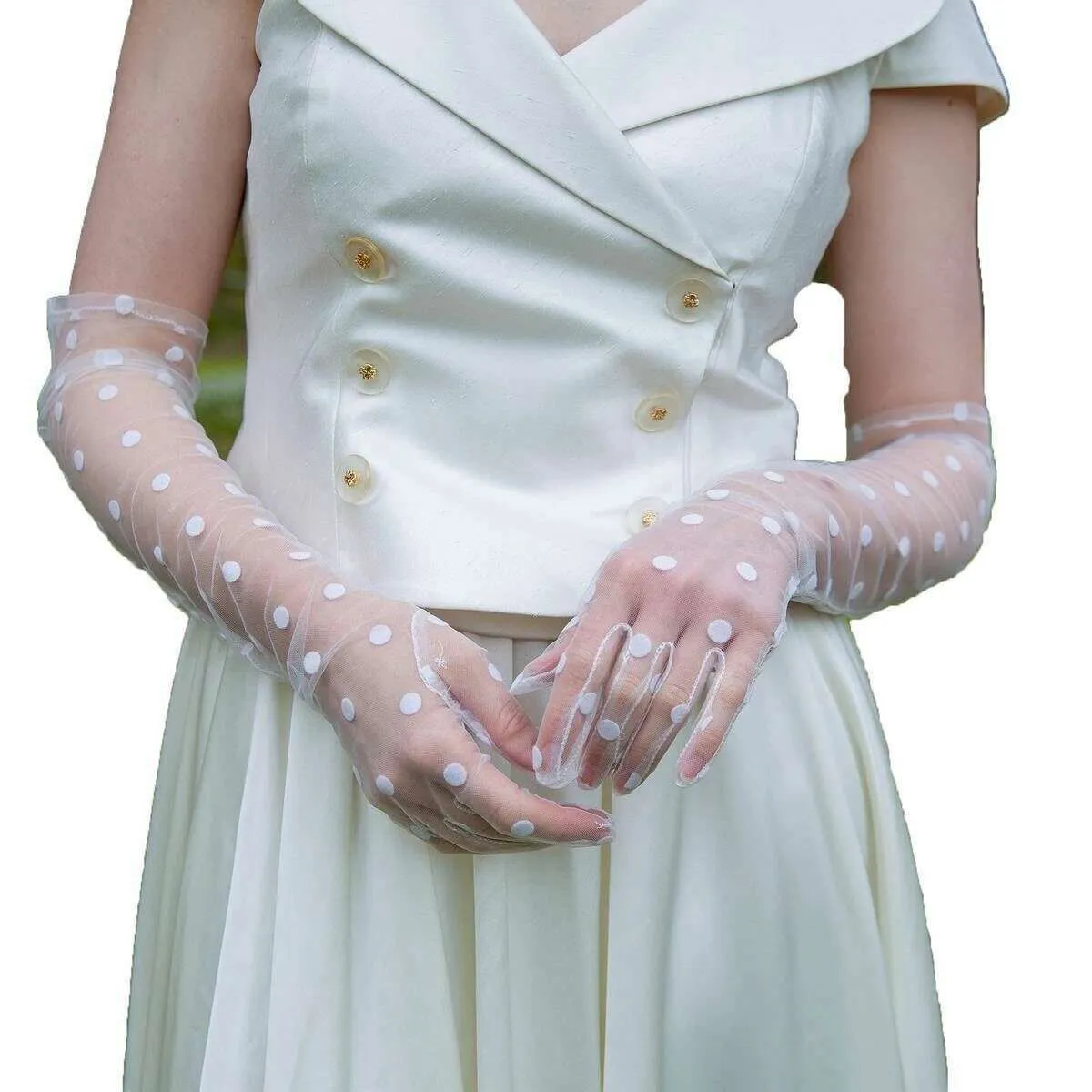 Dents Lila Long Opera Spotty Tulle Gloves - Ivory