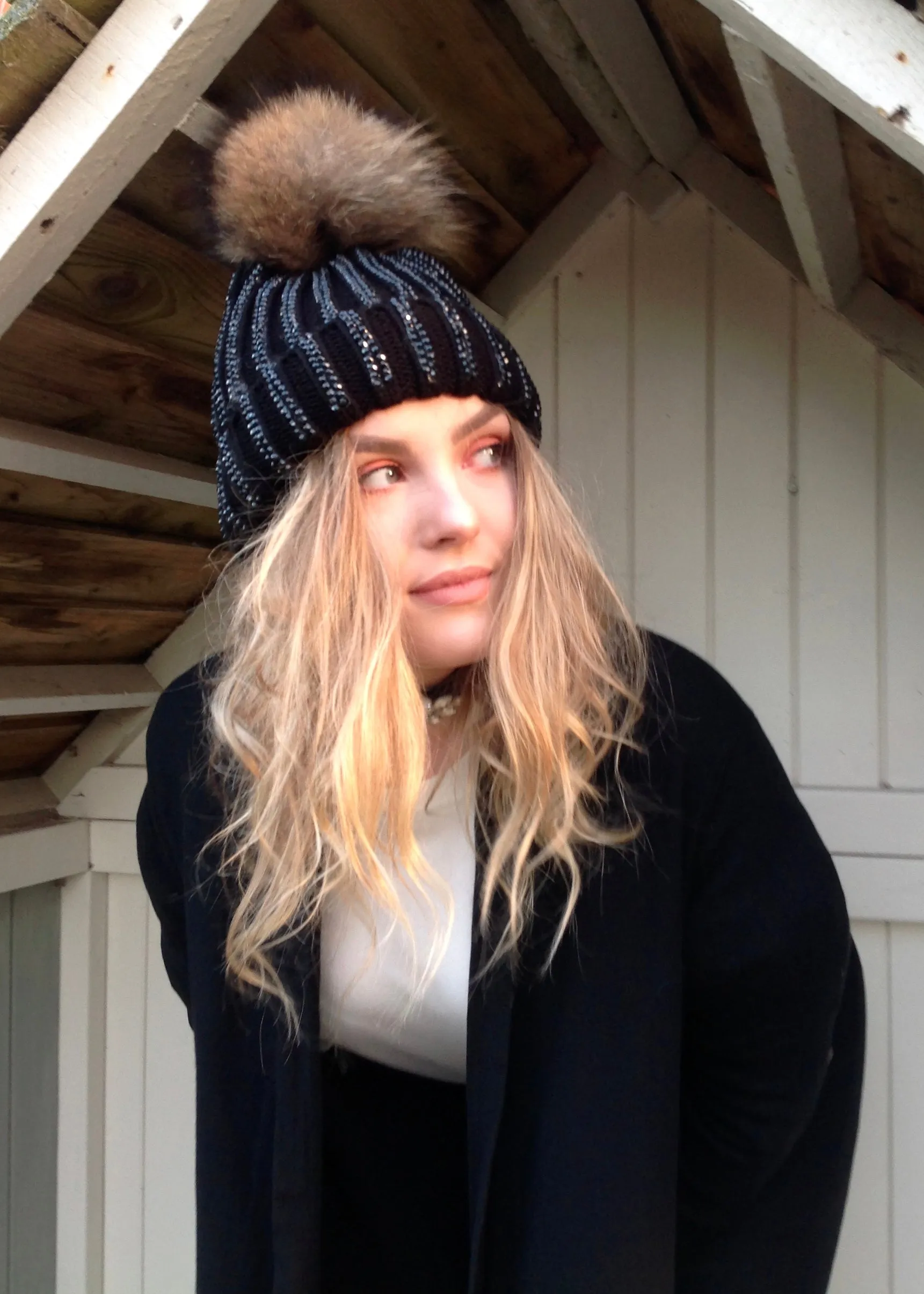 Florence Knitted Diamonte Real Fur Bobble Hat in Black with Silver Diamonds