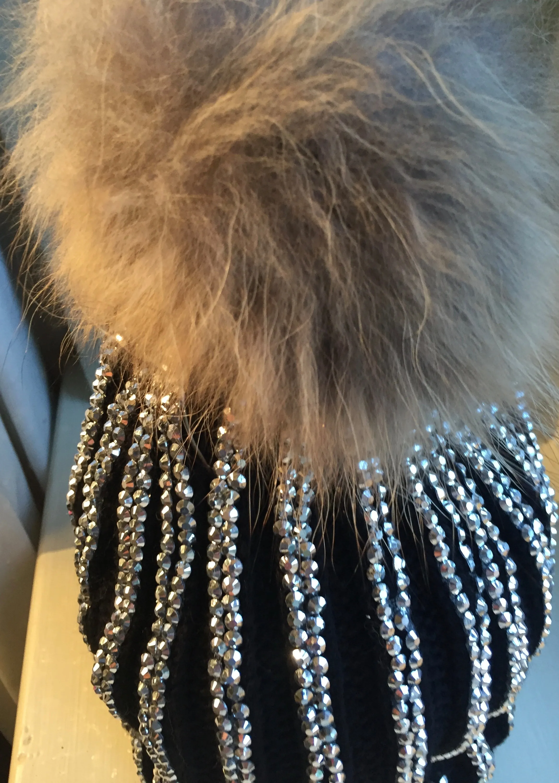 Florence Knitted Diamonte Real Fur Bobble Hat in Black with Silver Diamonds