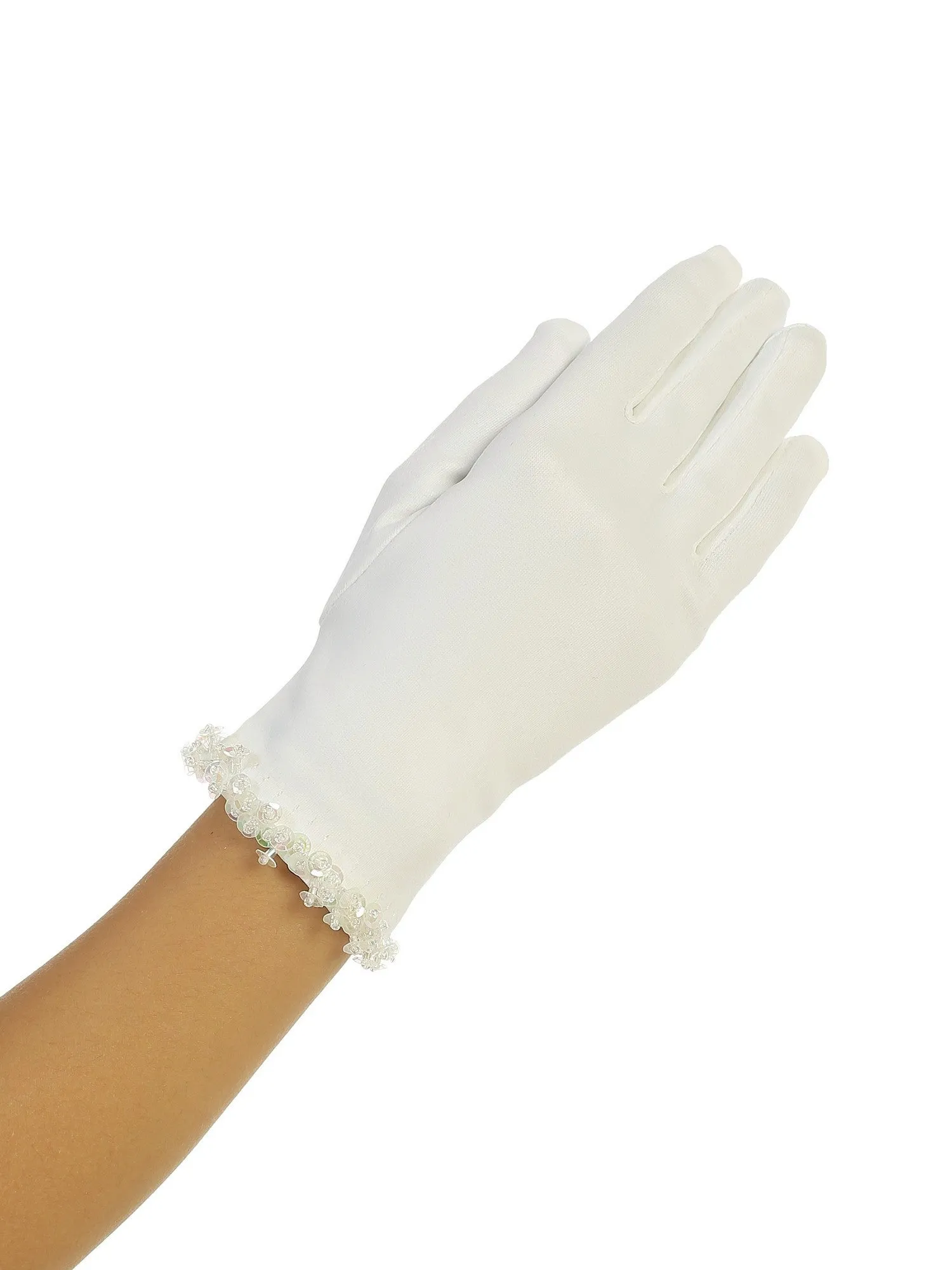 Girls Ivory Matte Satin Beaded Accent Communion Flower Girl Gloves 0-14