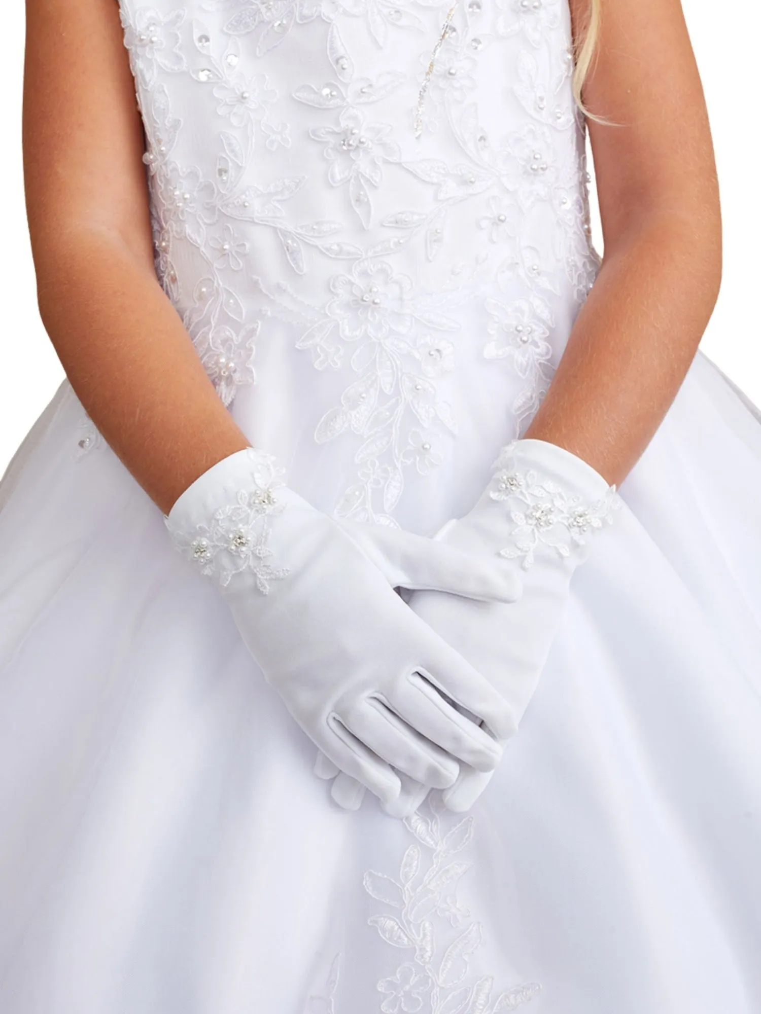 Girls White Lace Accent Matte Special Occasion Gloves