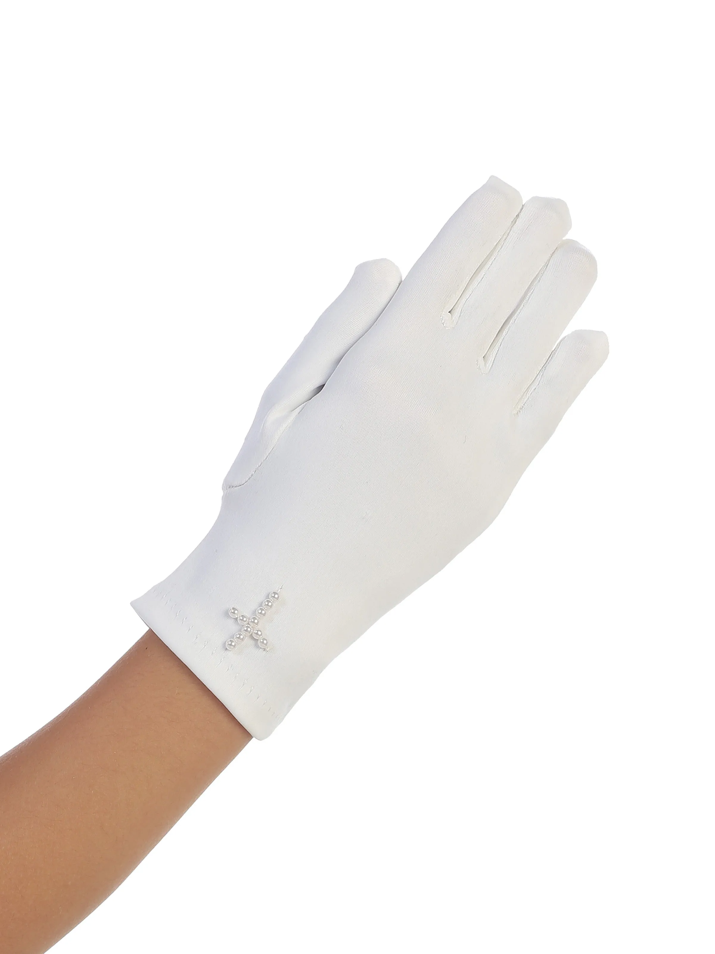 Girls White Matte Satin Pearl Cross Communion Flower Girl Gloves 0-14