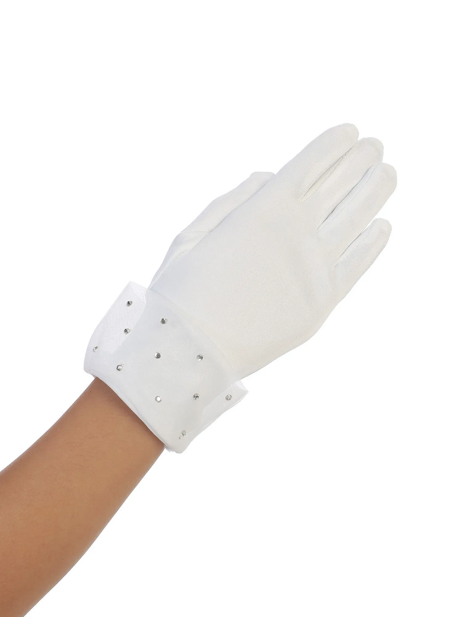 Girls White Rhinestone Accented Cuff Communion Flower Girl Gloves 0-14