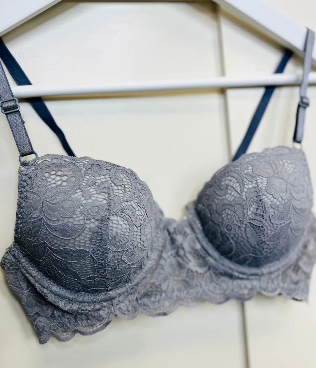 Grey Delicate Lace Padded Wired Bra