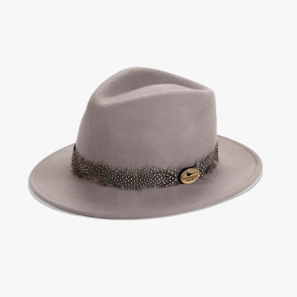 Grey Fedora with Guinea Fowl Wrap