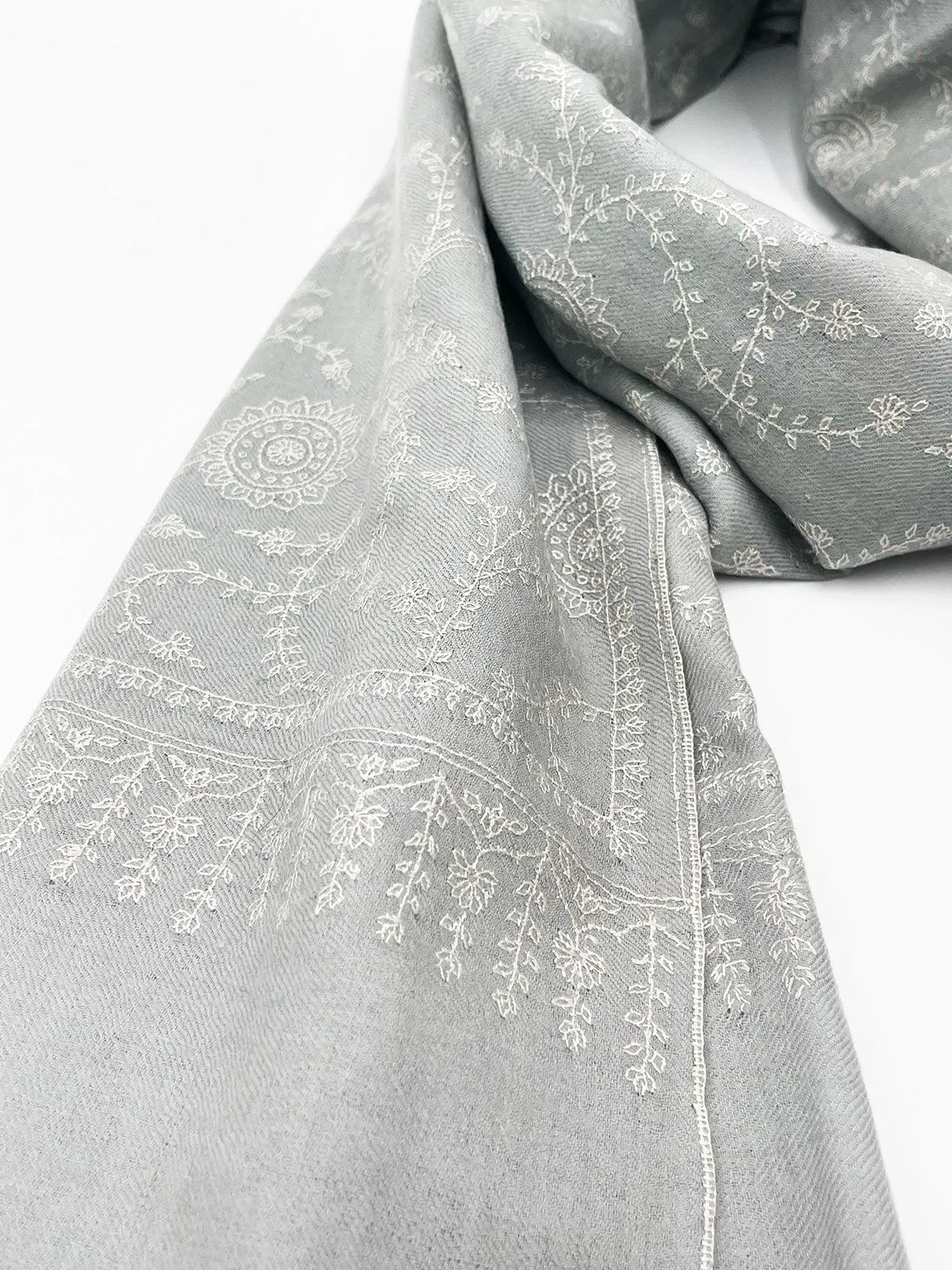 Handwoven 100% Pashmina - GRAY WITH WHITE EMBROIDERY