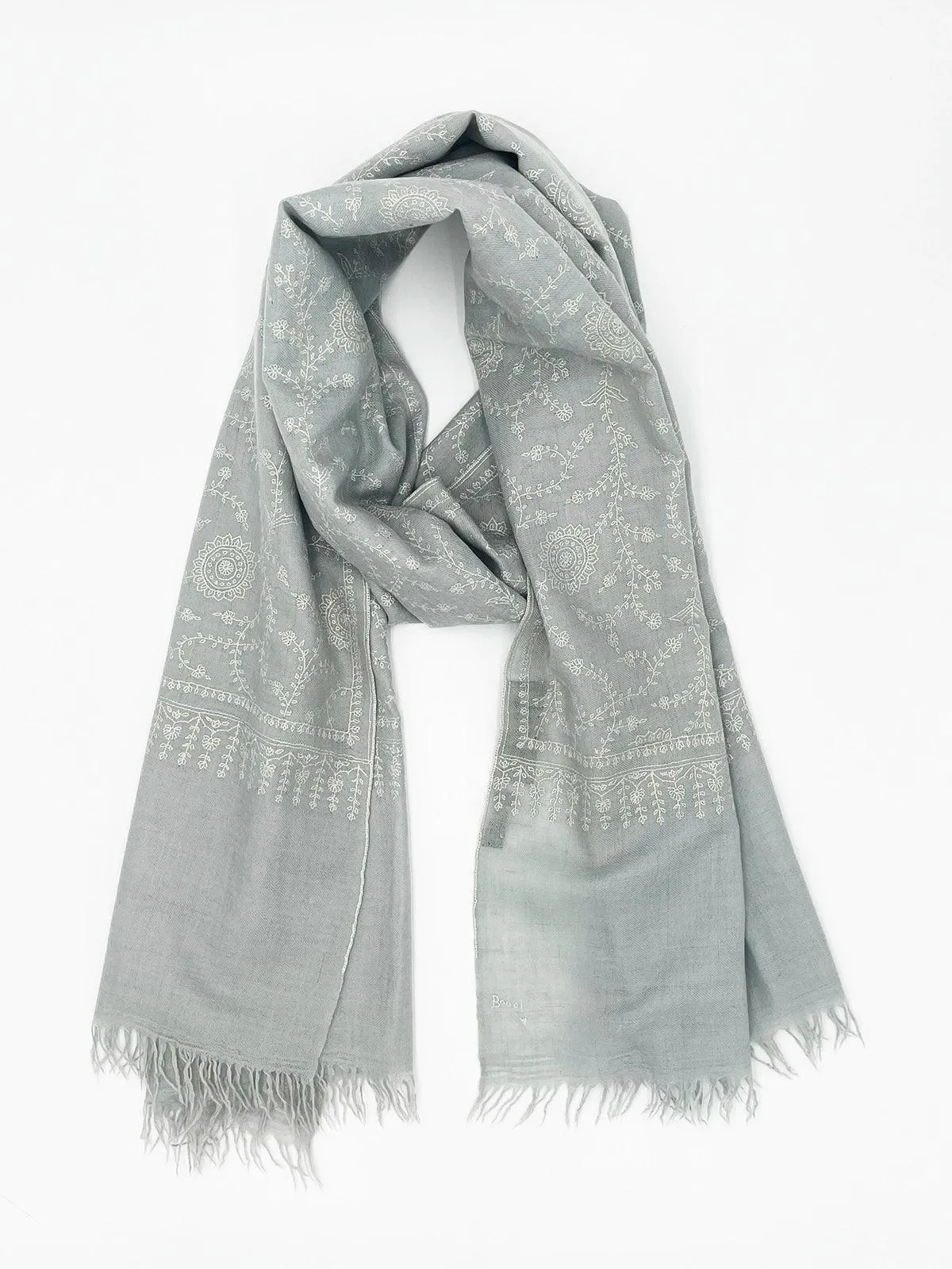 Handwoven 100% Pashmina - GRAY WITH WHITE EMBROIDERY