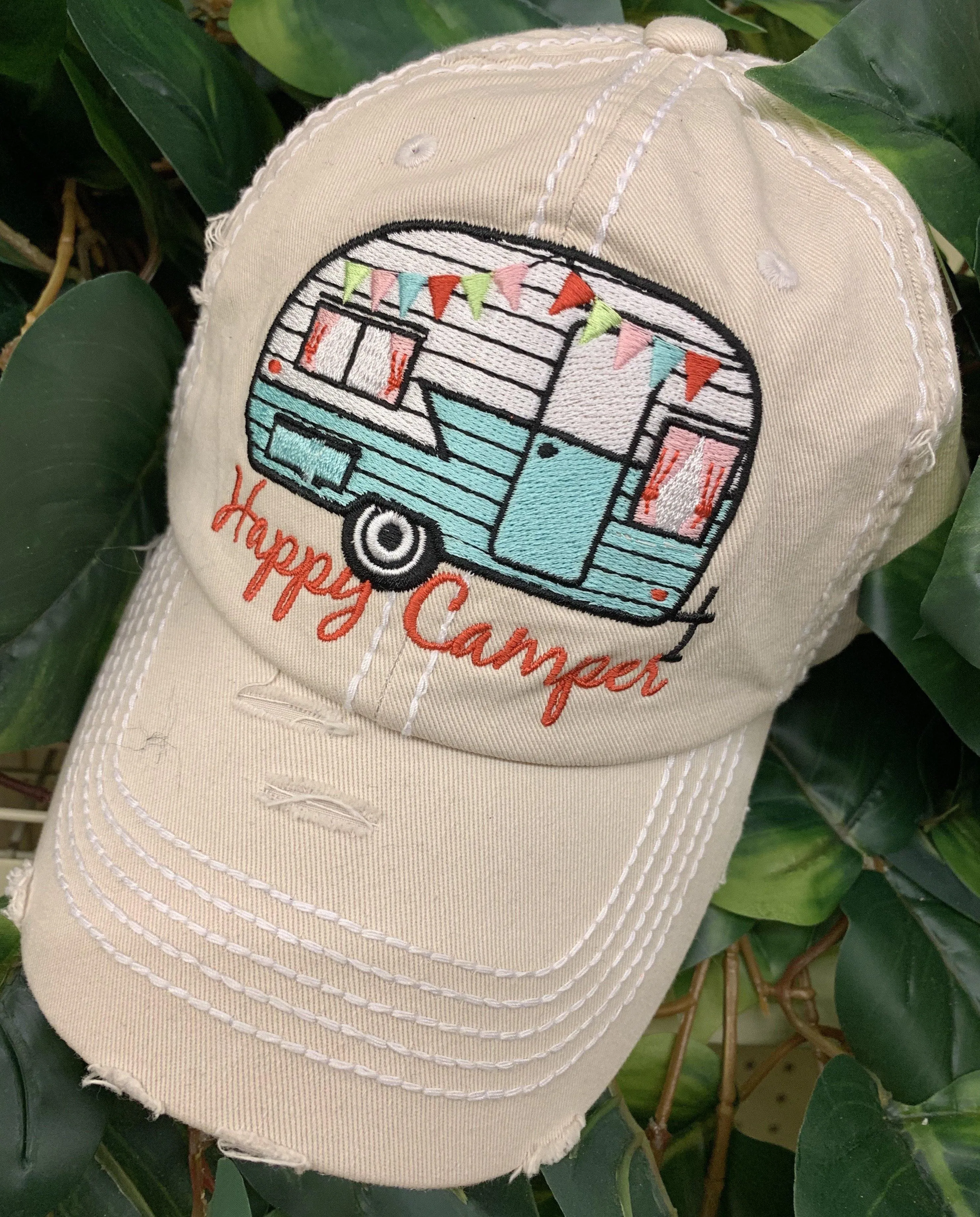 Happy camper Hats Embroidered distressed trucker caps