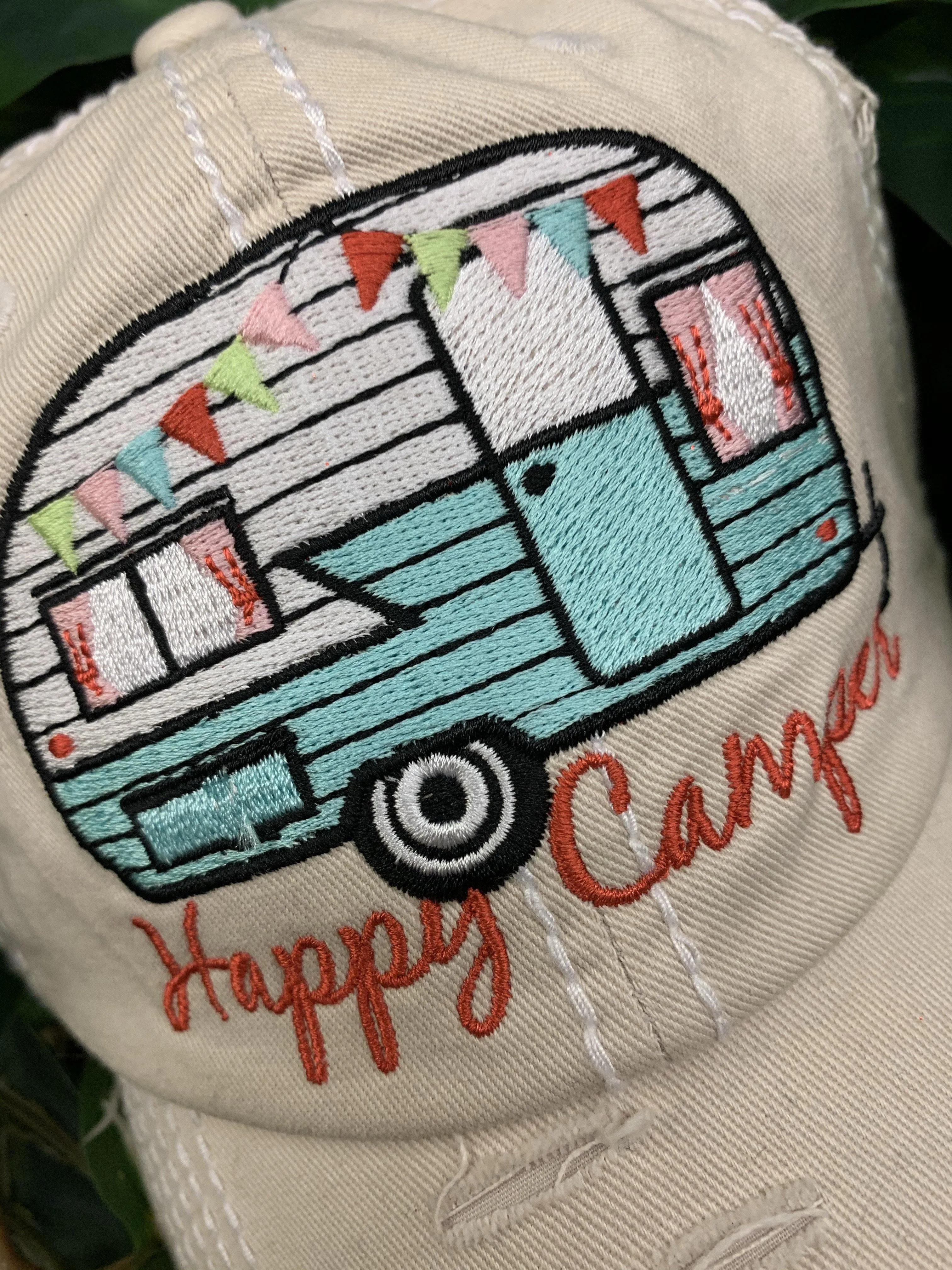 Happy camper Hats Embroidered distressed trucker caps