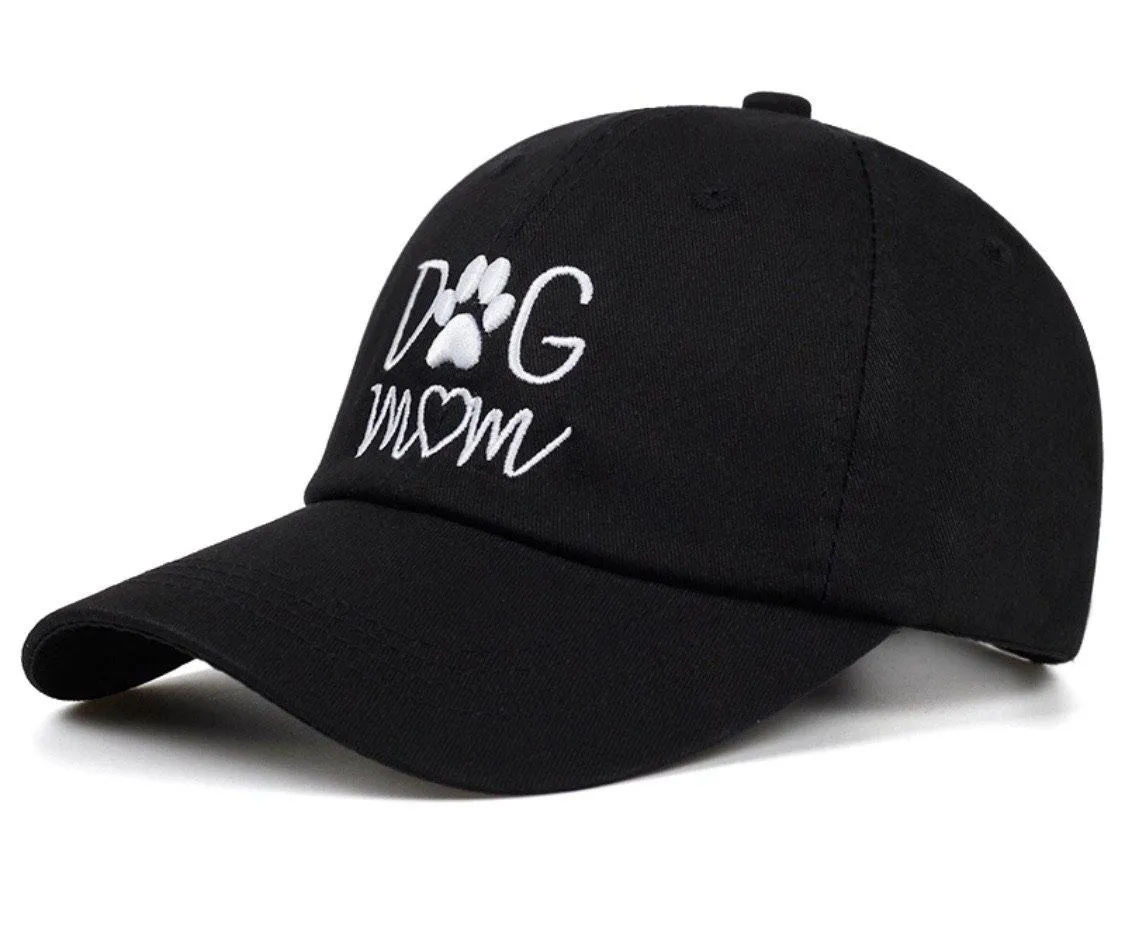 Hats { Dog mom } Black with white embroidered letters. Adjustable cap. Paw print and heart. Women’s.