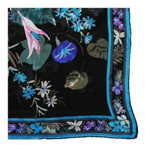 Leonard Paris Scarf Black Aqua Purple Floral - Large Square Chiffon Silk Wrap SALE