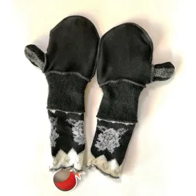 New and Upcycled Recycled Lined sweater mitten gloves in black n silver accents with thumb guards