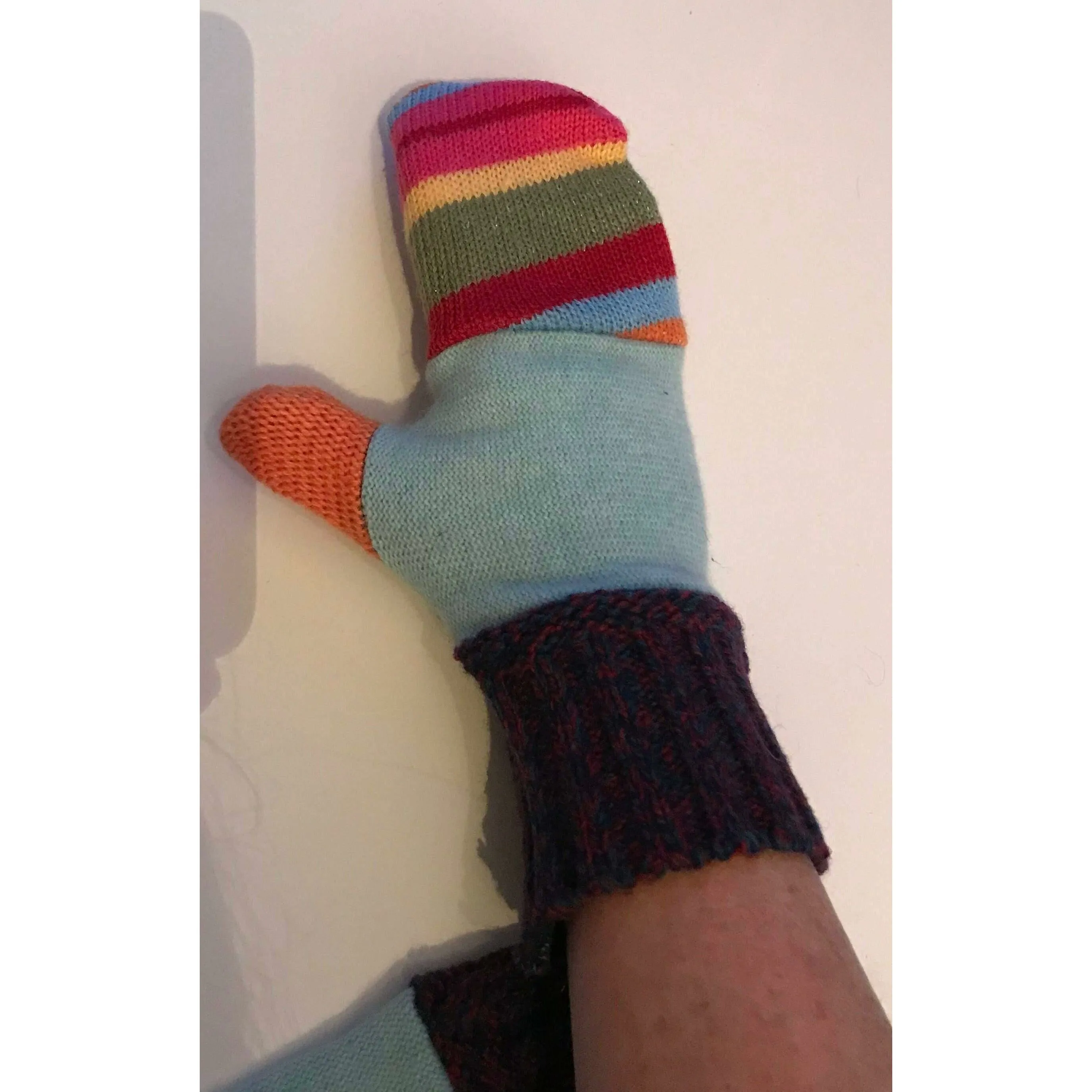 New and Upcycled Recycled Lined sweater mitten gloves in multi colors. Warm for winter.