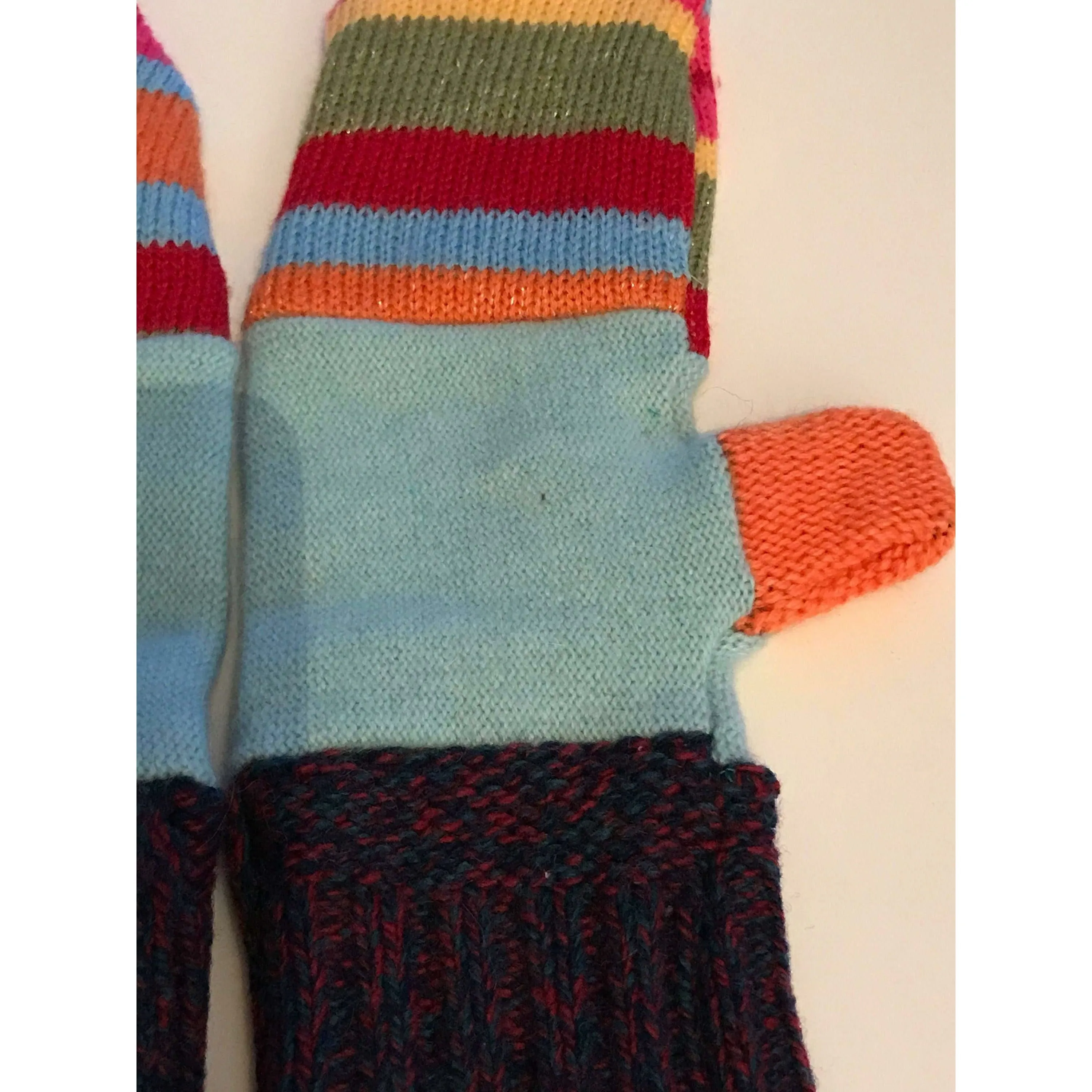 New and Upcycled Recycled Lined sweater mitten gloves in multi colors. Warm for winter.