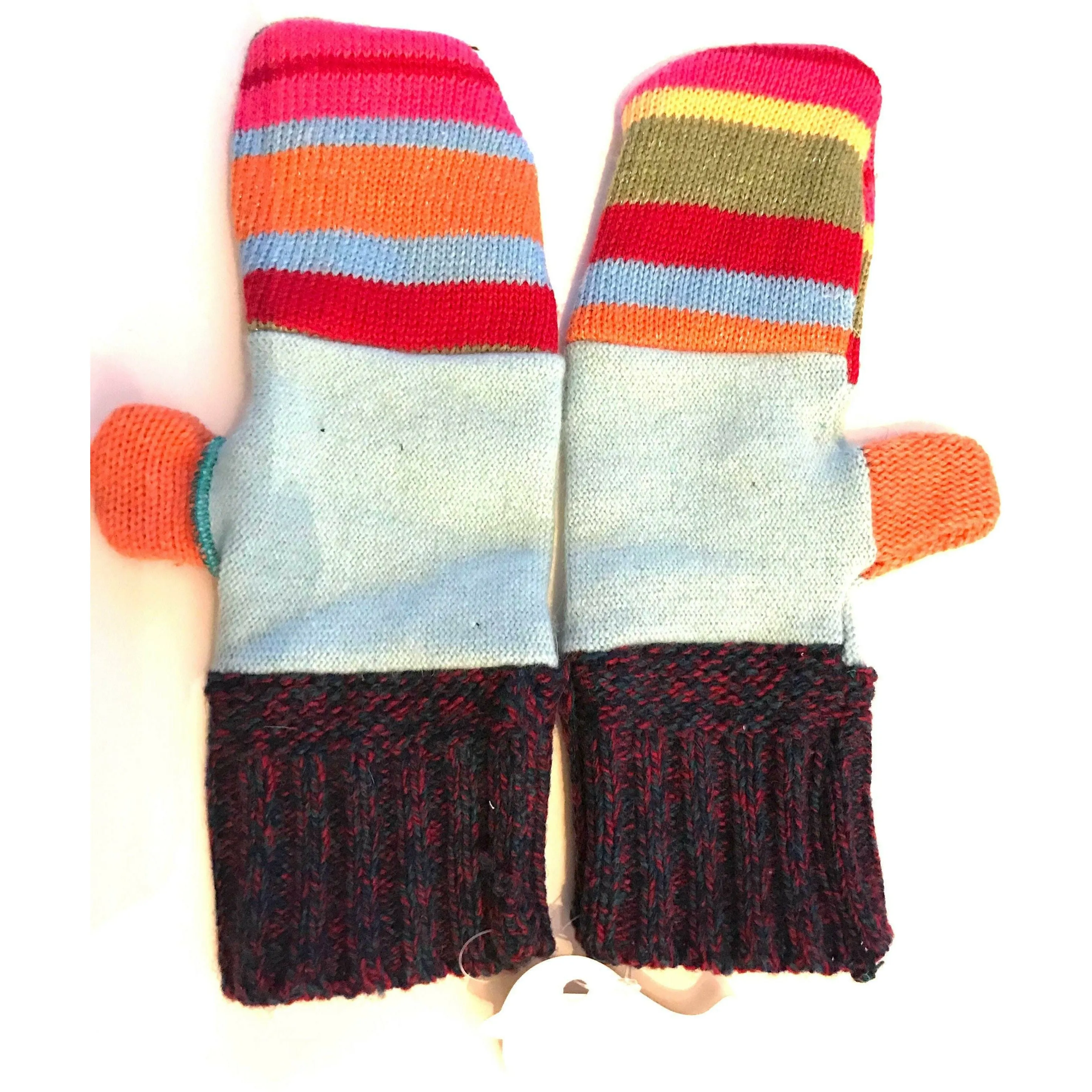 New and Upcycled Recycled Lined sweater mitten gloves in multi colors. Warm for winter.