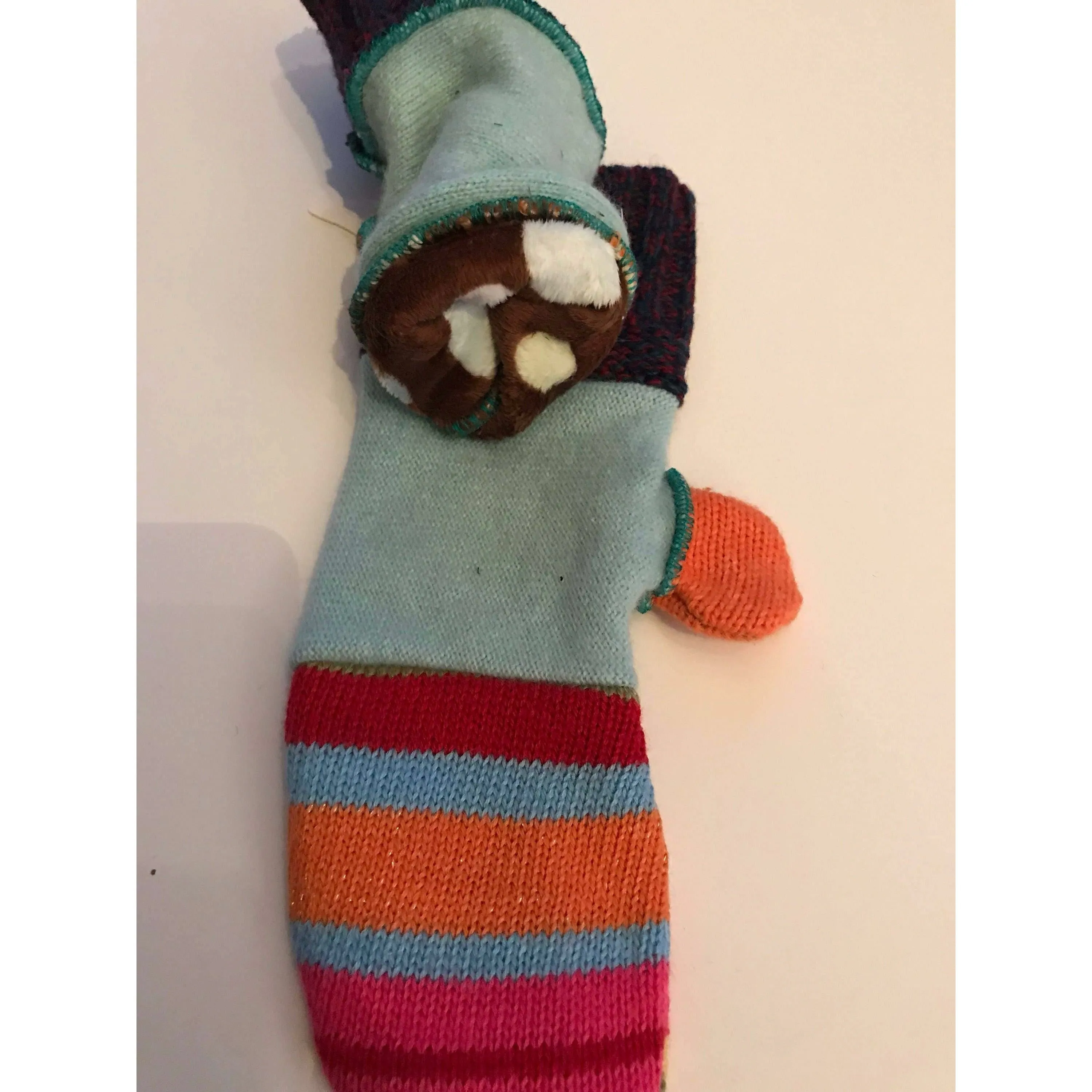 New and Upcycled Recycled Lined sweater mitten gloves in multi colors. Warm for winter.