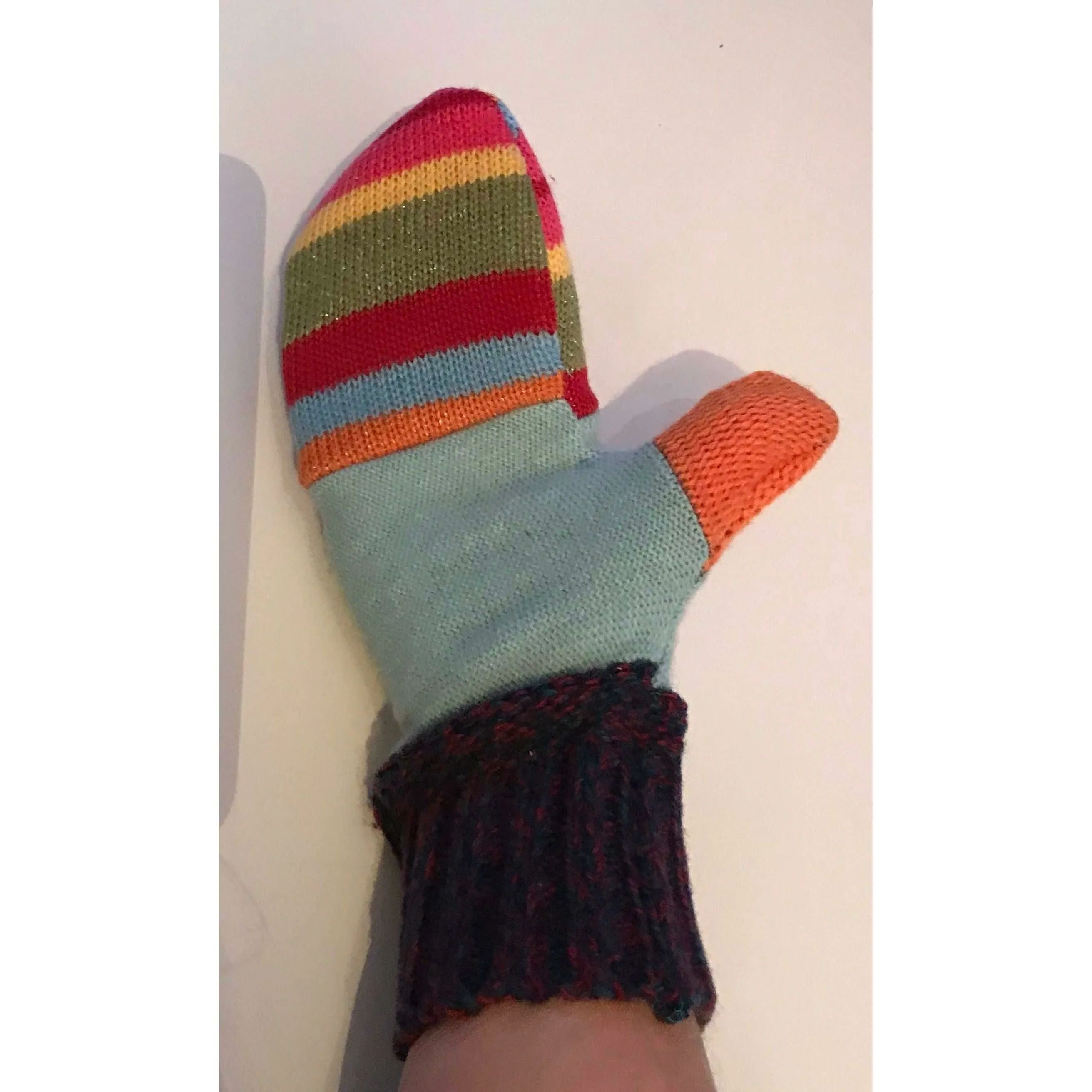 New and Upcycled Recycled Lined sweater mitten gloves in multi colors. Warm for winter.