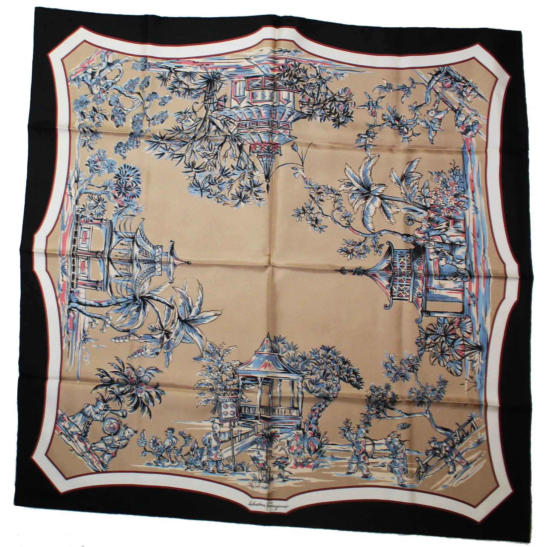 Salvatore Ferragamo Scarf Dark Blue Brown Taupe Japanese Garden - Twill Silk Foulard SALE