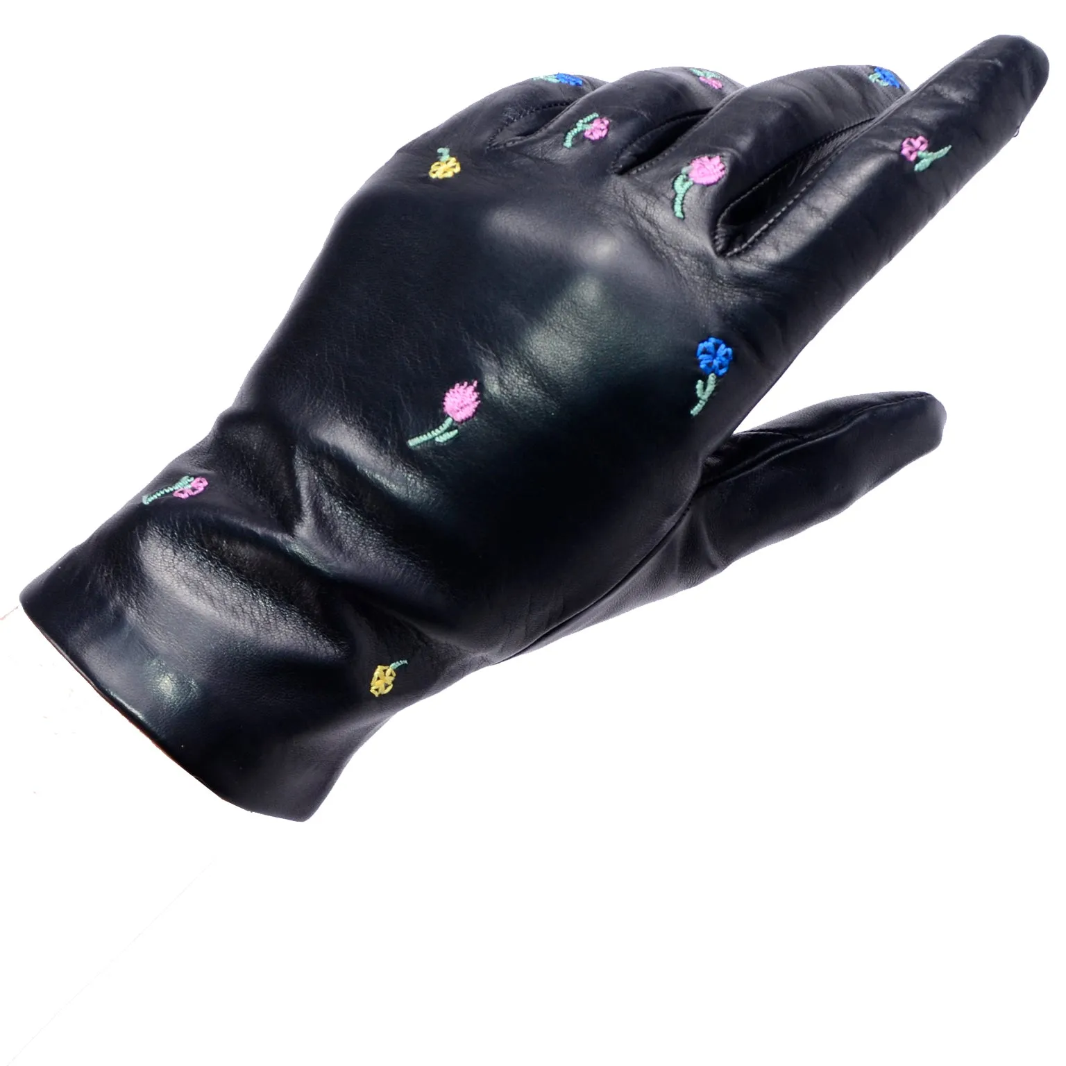 Vintage Floral Embroidered Black Leather Gloves W Silk Lining