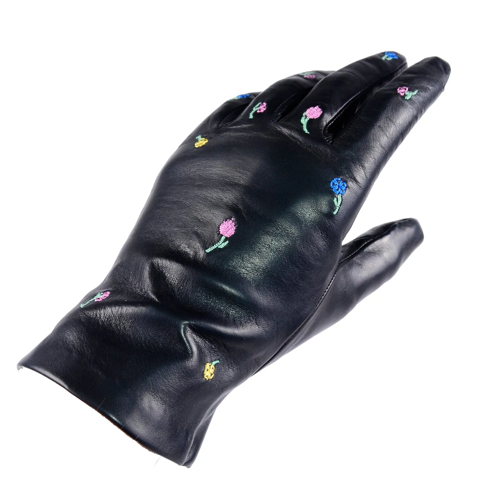 Vintage Floral Embroidered Black Leather Gloves W Silk Lining