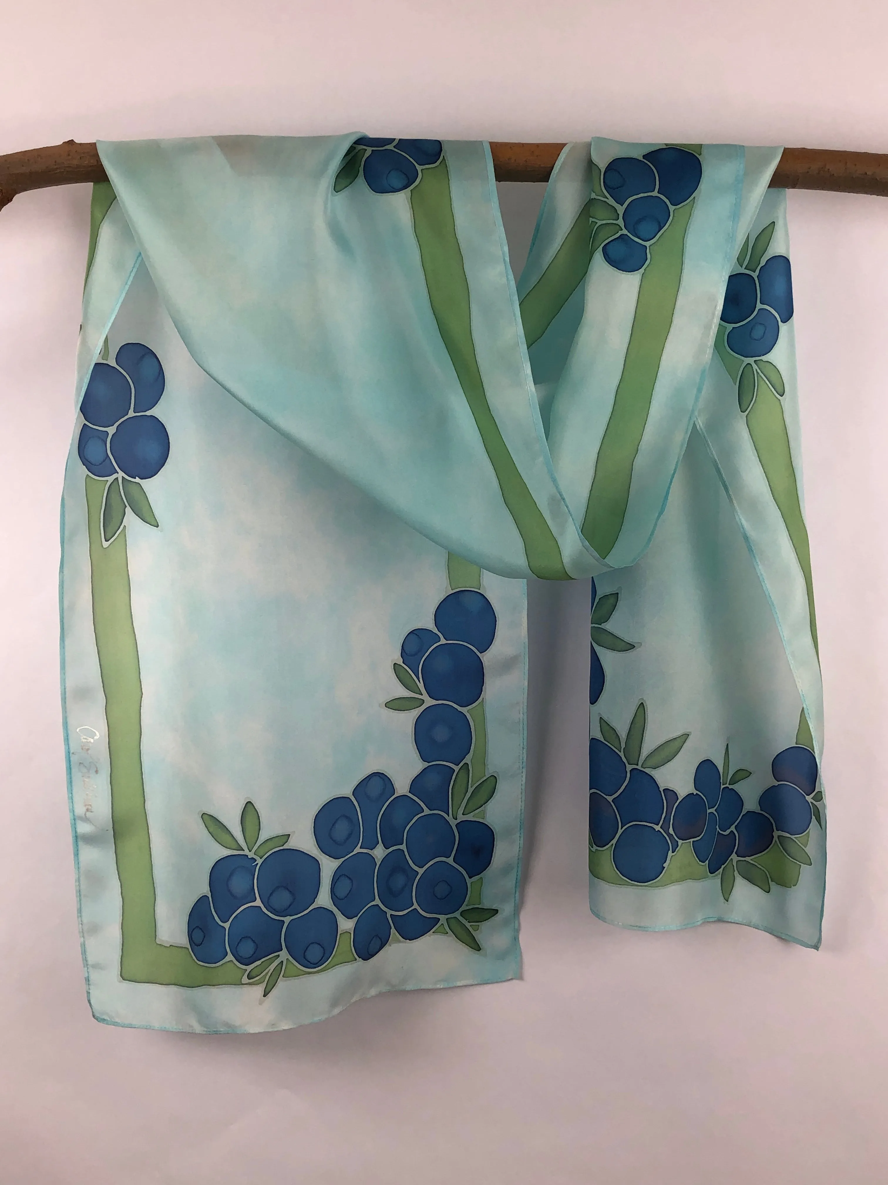 “Wild Maine Blueberries on Blue” -  Hand-dyed Silk Scarf - $135